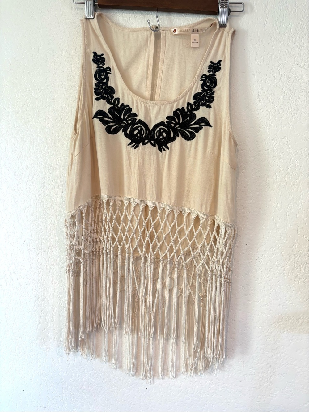 Chelsea & Violet Embroidered Floral Macrame Fringe Boho Top M